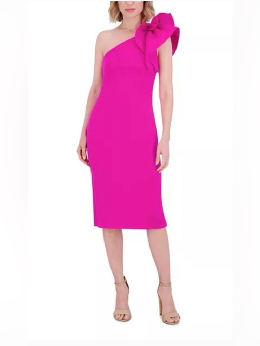 Jessica Howard One-Shoulder Bow Sheath Dress in Fuchsia